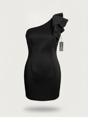 NWT Jessica Howard One Shoulder Ruffle Black Cocktail Dress Size 14